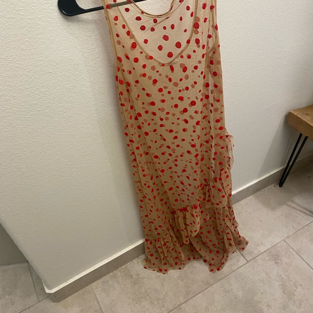 Nude sheer dress with red polka dots and ruffles near the bottom of dress